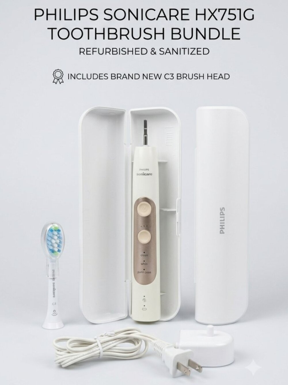 Philips Sonicare HX751G Electric Toothbrush Set - Gold/White + New C3 Head, Case